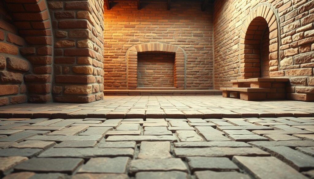 A breathtaking display of heritage masonry, showcasing the timeless artistry and craftsmanship of the local tradition. In the foreground, intricate patterns of brick and stone meticulously arranged, each block a testament to the skilled hands that laid them. The middle ground reveals the warm hues of the aged materials, their weathered surfaces evoking a sense of history and permanence. In the background, a soft, diffused light filters through, casting a gentle glow that enhances the depth and texture of the masonry, creating an inviting and atmospheric scene. The overall composition captures the essence of the region's architectural legacy, a harmonious blend of form, function, and regional identity.