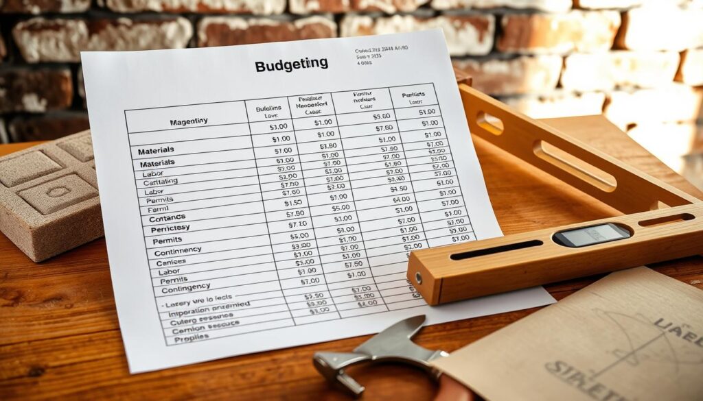 A detailed budgeting spreadsheet with neatly organized line items for masonry materials, labor, permits, and contingency costs. The spreadsheet is displayed on a wooden table, with a mason's trowel, level, and other tools arranged around it. The lighting is soft and natural, creating a calm and organized atmosphere. The background features a weathered brick wall, hinting at the masonry focus of the image. The overall scene conveys a sense of planning, preparation, and attention to detail - crucial elements for successfully budgeting a masonry project.