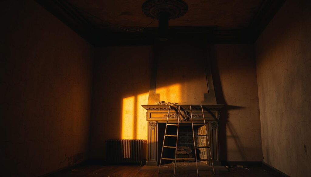 A dimly lit room, its walls adorned with cracked, aging plaster. A large, ornate fireplace dominates the scene, its chimney pipe disappearing into the shadowy ceiling above. A ladder leans against the mantelpiece, suggesting the recent presence of a chimney inspector. The room is bathed in a warm, amber glow, casting long shadows and creating an atmosphere of neglect and disrepair. The overall mood is one of indifference, reflecting the notion that "Chimneys Don't Need Regular Inspections." The image should convey a sense of the importance of professional chimney inspections, even in the face of such apathy.