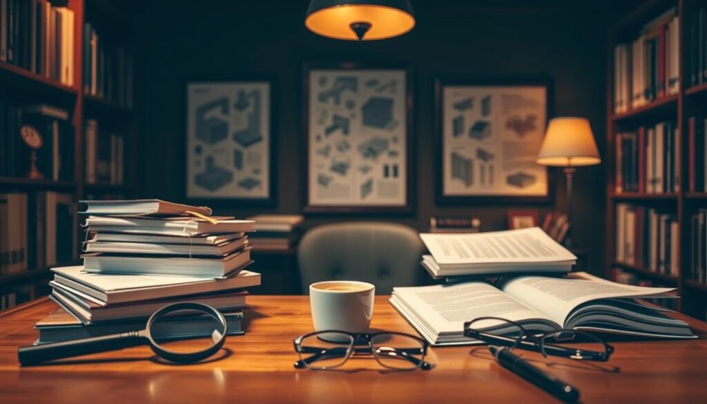 A dimly lit study with a wooden desk and bookshelves lining the walls. On the desk, a stack of masonry-related books and documents, along with a cup of coffee and a pen. The foreground features a magnifying glass and a pair of reading glasses, suggesting the academic and research-oriented nature of the "Frequently Asked Questions About Masonry" section. The middle ground shows framed diagrams and illustrations of various masonry techniques and construction methods. The background is softly blurred, creating a sense of depth and focus on the central elements. The lighting is warm and inviting, creating a cozy, intellectual atmosphere suitable for the subject matter.