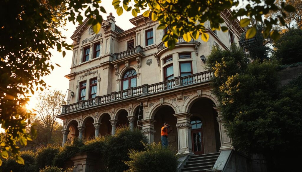 A historic hillside home, its weathered facade bathed in warm, golden light. Ornate stonework and intricate architectural details come into focus, showcasing the craftsmanship of a bygone era. Lush greenery frames the scene, creating a sense of timeless elegance. In the foreground, workers meticulously restore the home's masonry, preserving its original charm while revitalizing the structure. Soft shadows and highlights accentuate the textures, hinting at the care and dedication required to breathe new life into this historic treasure. The image conveys the benefits of restoration - honoring the past while ensuring the home's continued prominence in the community.