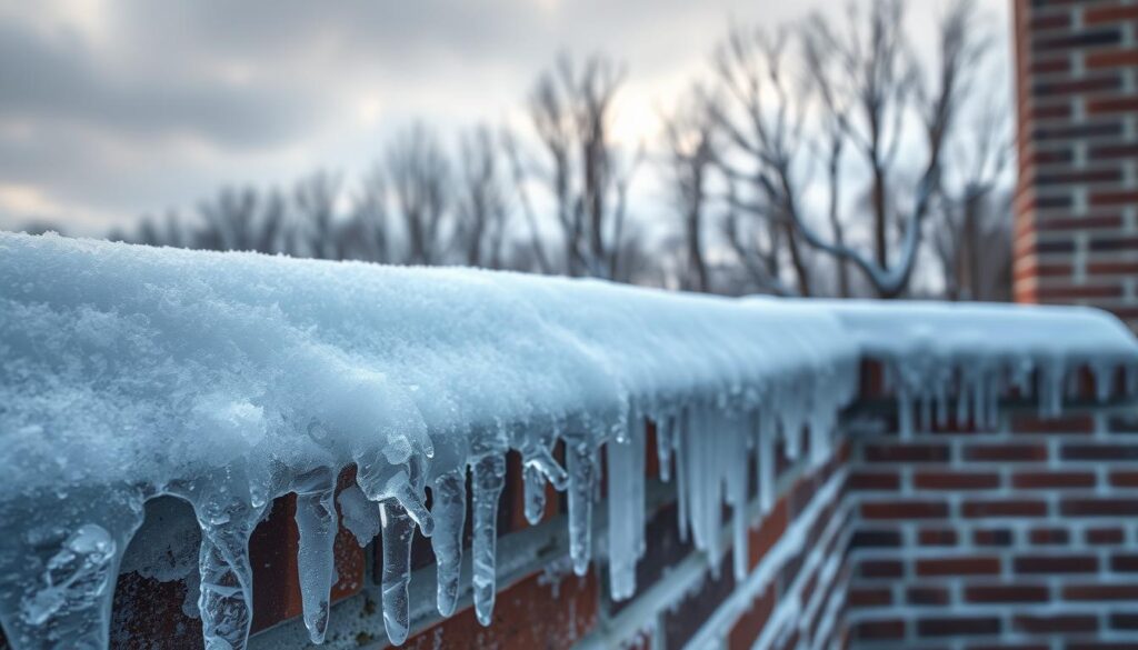 A snow-covered masonry wall under a gloomy winter sky, with icicles hanging from the crevices. In the foreground, a layer of ice has formed on the mortar, creating a transparent, crystalline effect. The middle ground features a well-maintained brick facade, its texture accentuated by soft, diffused lighting. In the background, a barren tree line stands as a stark contrast, hinting at the season's chill. The overall scene conveys the importance of protecting masonry during the harsh winter months, with a sense of tranquility and the need for diligent maintenance.