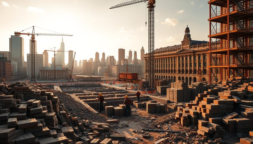 A sprawling construction site, piles of brick and concrete blocks scattered across the weathered ground. In the foreground, a team of skilled masons labors tirelessly, trowels in hand, shaping the foundation of a towering structure. Overhead, cranes stand sentinel, their long arms pivoting gracefully as they lift heavy loads. The air is thick with the scent of mortar and the steady rhythm of hammers. In the background, a cityscape of gleaming skyscrapers and historic masonry buildings, a testament to the enduring legacy of the craft. The scene is illuminated by warm, golden light, casting long shadows and highlighting the textured surfaces. This is the masonry industry, facing the challenges of modern construction, yet standing firm in its timeless tradition.