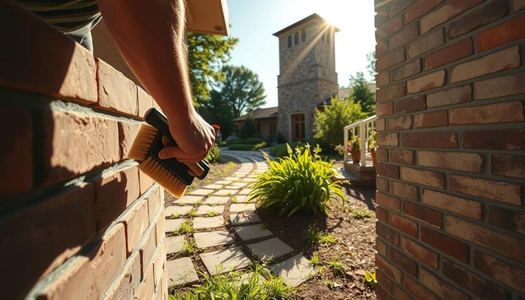 A sun-drenched scene of masonry care in the summer. In the foreground, a skilled mason meticulously inspects the mortar joints of a brick wall, applying a gentle cleaning solution with a soft-bristled brush. The middle ground showcases a well-maintained garden path, its pavers neatly aligned and free of weeds. In the background, a traditional stone chimney stands tall, its weathered facade glistening under the warm afternoon light. The atmosphere is one of diligence and attention to detail, capturing the essence of responsible summer masonry maintenance. A wide-angle lens captures this holistic view, highlighting the harmonious integration of craftsmanship and natural elements.