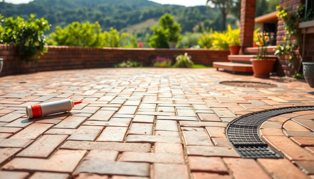 A sunny brick patio on a hillside, with a clear focus on waterproofing techniques. In the foreground, a variety of sealants and caulking materials are meticulously applied to the patio surface and joints, creating a seamless, water-resistant barrier. The middle ground showcases strategically placed drainage systems, including channel drains and subtle slope gradients, directing water flow away from the patio. In the background, lush, verdant landscaping frames the scene, hinting at the rainy season's challenges. The lighting is natural, with soft shadows and highlights that emphasize the textural details of the materials used. The overall mood is one of diligent preparation, with a keen eye for weatherproofing solutions that harmonize with the patio's rustic charm.