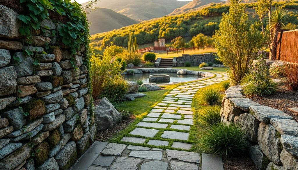 A tranquil outdoor scene featuring eco-conscious masonry techniques. The foreground showcases a well-crafted stone wall, its textured surface blending seamlessly with the surrounding natural landscape. Lush greenery, including trailing vines and moss-covered rocks, cascades down the wall, creating a visually striking contrast. In the middle ground, a neatly paved walkway crafted from sustainable, recycled materials leads the eye towards a serene water feature, its gentle ripples reflecting the warm, golden hour lighting. Beyond, the background is dominated by rolling hills, covered in a verdant, diverse mix of native flora. The overall atmosphere exudes a sense of harmony, where human-made structures and natural elements coexist in perfect balance.
