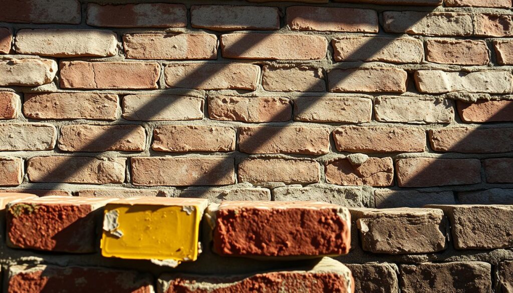 A weathered brick wall, the surface marred by cracks, crumbling mortar, and visible signs of wear. Sunlight casts long shadows, highlighting the uneven texture and discoloration. In the foreground, a close-up view showcases the deterioration, with flaking paint, crumbling edges, and the occasional moss or lichen growth. The overall composition conveys a sense of neglect and the need for careful masonry repair, setting the stage for the informative article on the topic.