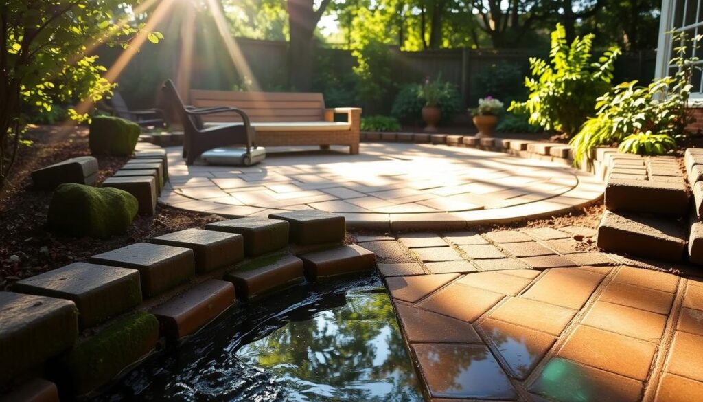A well-drained brick patio in a lush Hillsborough garden, sunlight filtering through the trees, casting warm shadows on the weathered pavers. The patio is surrounded by a subtle slope, gently guiding water away from the central seating area. Moss-covered stones line the perimeter, acting as a natural drainage system. In the foreground, a small puddle has formed, showcasing the patio's effective runoff management. The overall scene evokes a sense of tranquility and harmony between the built and natural elements, ideal for an article on weatherproofing a brick patio for a Hillsborough summer.