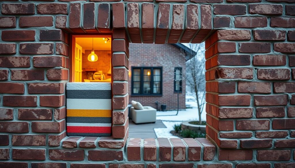 A well-insulated brick facade, showcasing the hidden benefits of masonry construction. In the foreground, intricate brickwork frames a cross-section view, revealing the layers of thermal, acoustic, and fire-resistant insulation nestled within. The middle ground depicts a cozy interior, bathed in warm, natural lighting, highlighting the energy-efficient properties of the brick walls. In the background, a serene outdoor scene suggests the insulating capabilities that protect against harsh weather, while maintaining the timeless aesthetic of the brick exterior. A meticulously crafted prompt that captures the essence of brick's functional versatility, beyond mere aesthetics.