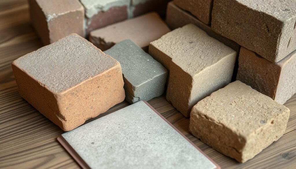 A well-lit, close-up view of several eco-friendly masonry materials, including reclaimed bricks, stone pavers, and rammed earth blocks, arranged artfully on a wooden surface. The materials showcase their natural textures, earthy tones, and organic irregularities, conveying a sense of sustainable craftsmanship. The lighting is soft and diffused, emphasizing the materials' inherent beauty and highlighting their potential for use in sustainable home construction. The overall composition is balanced and visually appealing, inviting the viewer to consider the aesthetic and environmental benefits of these alternative masonry options.