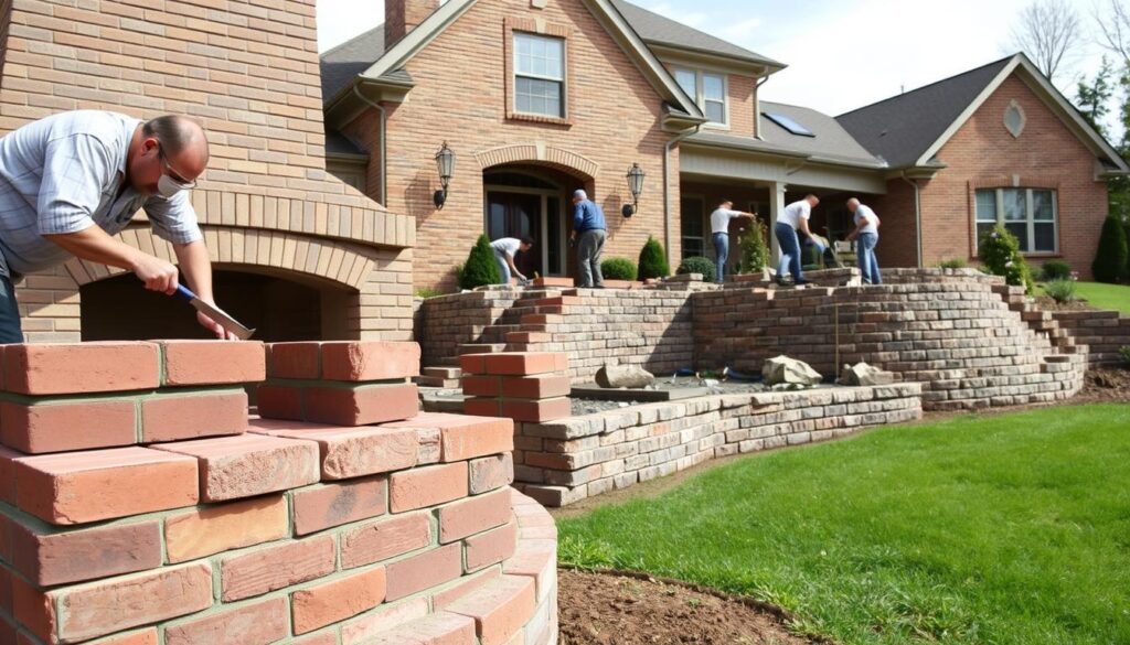 A well-lit, high-quality photograph of professional masonry services in Hillsborough. In the foreground, skilled masons meticulously lay bricks, trowels in hand, constructing a sturdy, elegantly designed fireplace. In the middle ground, a team of masons work together to erect a solid stone retaining wall, using specialized tools and techniques. The background showcases the exterior of a residential home, with precisely fitted brick and stone accents that harmonize with the surrounding landscape. The scene conveys a sense of expertise, craftsmanship, and attention to detail that exemplifies the high-quality masonry services offered by Hillsborough experts.