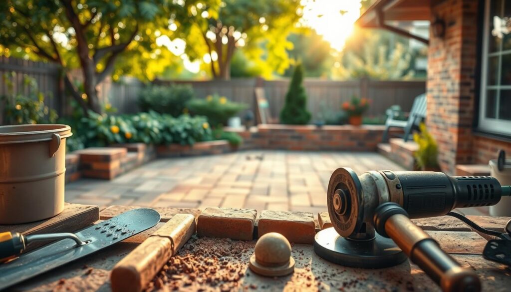 A well-lit, mid-angle view of a DIY masonry project workspace. Foreground showcases a variety of masonry tools, including a trowel, mortar mixer, and hand-held grinder. In the middle ground, a partially completed brick wall or paver patio takes shape, the mortar joints neatly tooled. The background features a cozy suburban backyard, with lush greenery and a warm, golden afternoon light filtering through. The scene conveys a sense of industrious creativity and a satisfying DIY accomplishment.