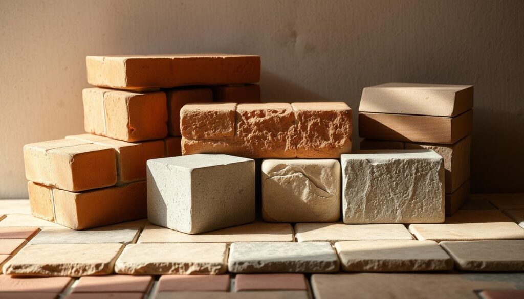 A well-lit, sharply focused photograph of a variety of cost-efficient masonry materials, including clay bricks, concrete blocks, and natural stone pavers, arranged in an appealing composition. The materials are displayed against a soft, diffused background, allowing their textures and colors to stand out. The lighting is warm and natural, creating a cozy, inviting atmosphere. The camera angle is slightly elevated, giving a clear view of the materials and showcasing their versatility and suitability for use in home construction and renovation projects. The overall impression conveys the durability, affordability, and aesthetic appeal of these masonry options for budget-conscious homeowners.