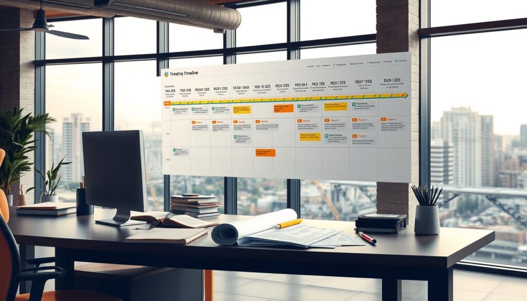 A well-organized Masonry project timeline planning illustration set in a professional office environment. In the foreground, a neatly arranged desktop with a computer, folders, and drafting tools. In the middle ground, a large wall-mounted timeline chart with color-coded milestones, deadlines, and progress indicators. The background features large windows overlooking an urban landscape, bathing the scene in warm, natural lighting. The overall atmosphere conveys a sense of diligent planning, attention to detail, and a methodical approach to managing a complex Masonry construction project.