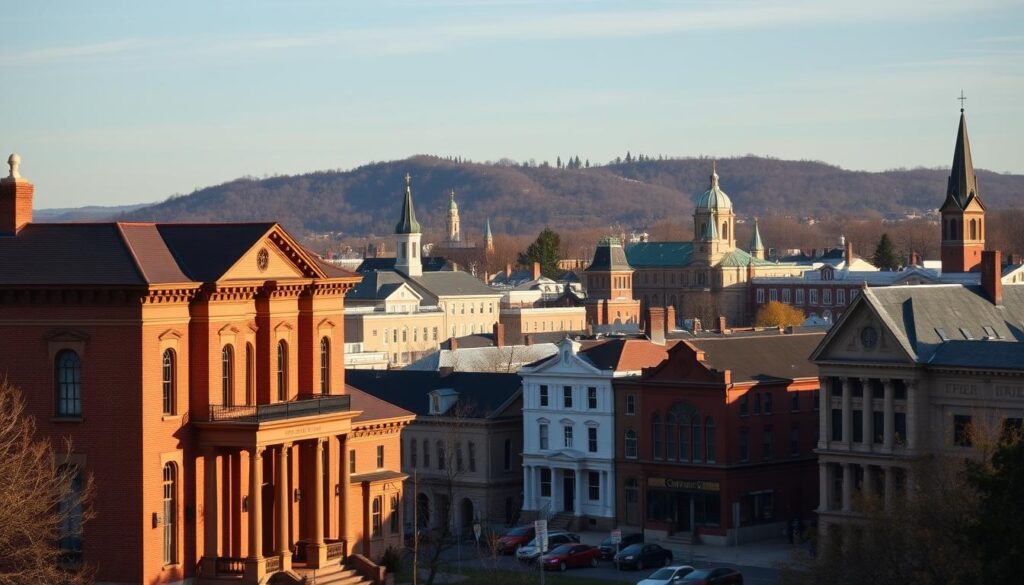 Hillsborough's architectural legacy, a panoramic vista of stately masonry buildings bathed in the warm glow of an afternoon sun. In the foreground, a grand colonial mansion with intricate brick detailing and towering columns stands as a testament to the region's proud heritage. Behind it, a mix of historic churches and government buildings with distinctive stone facades dotting the vibrant streetscape. In the distance, the hilly silhouette of the town's skyline frames the scene, creating a harmonious blend of traditional and modern elements. Captured through the lens of a wide-angle camera, this image conveys the timeless elegance and enduring influence of masonry in shaping Hillsborough's architectural identity.