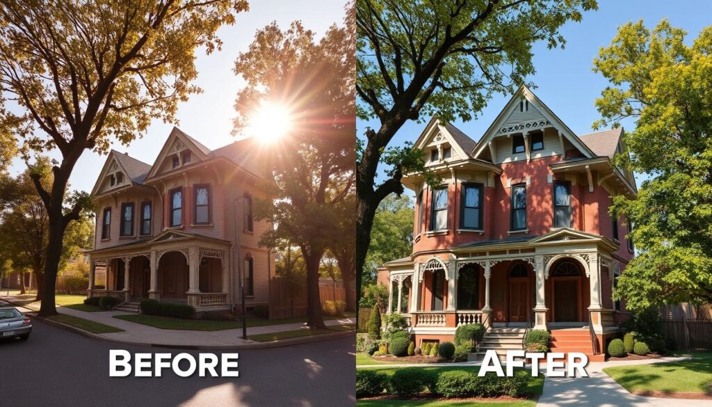 Historic home restoration before and after - a stately Victorian house nestled on a tree-lined street, the sun casting warm, golden light across the meticulously restored facade. In the "before" view, the home appears weathered, the paint peeling, the ornate details obscured by years of neglect. The "after" scene reveals the home's former glory, the intricate brickwork and gables gleaming, the landscaping impeccably manicured. A wide-angle lens captures the full scope of the transformation, inviting the viewer to imagine the care and craftsmanship that went into reviving this architectural treasure.