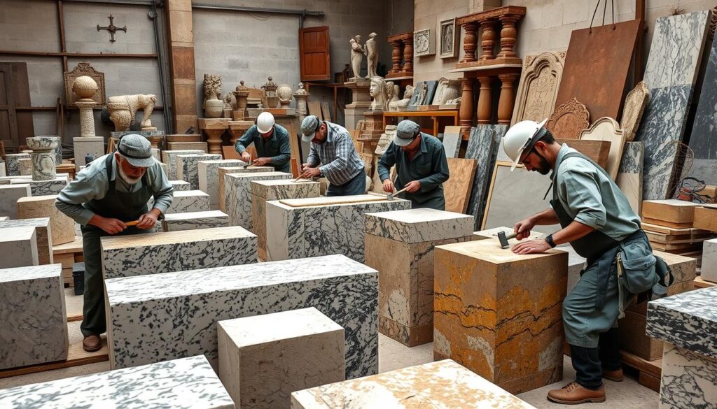 skilled stone craftsmen in action